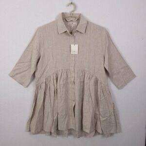 Crown Linen Designs Tunic Womens 6 Beige Babydoll Peplum Button Down 100% Linen